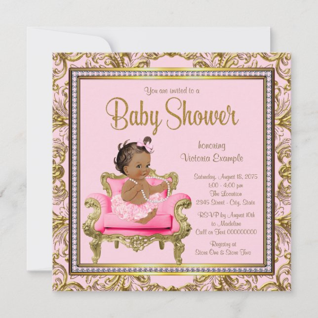 Invitation Fille ethnique Chaise en or rose Tutu Baby shower (Devant)