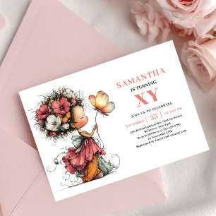 Invitation Fille Fée Enchantée 2ème Anniversaire Floral Rose