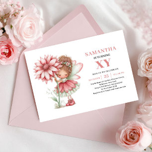 Invitation Fille Fée Fantaisiste 1er Anniversaire Floral Rosé