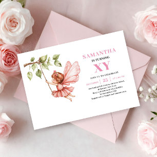 Invitation Fille Fée Fantaisiste 9ème Anniversaire Rose Pâle 