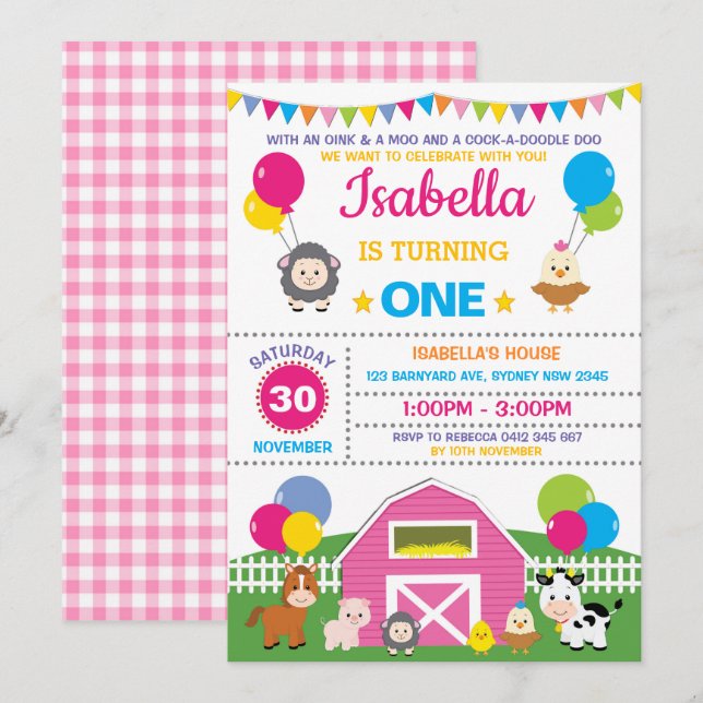 Invitation Fille ferme Barnyard fête d'anniversaire Pink Petc (Devant / Derrière)