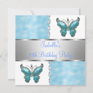 Invitation Fille Fête d'anniversaire papillon bleu blanc Fleu