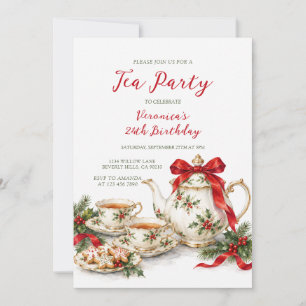 Invitation Fille Fête de Noël Thé Party Ruban Rouge Anniversa