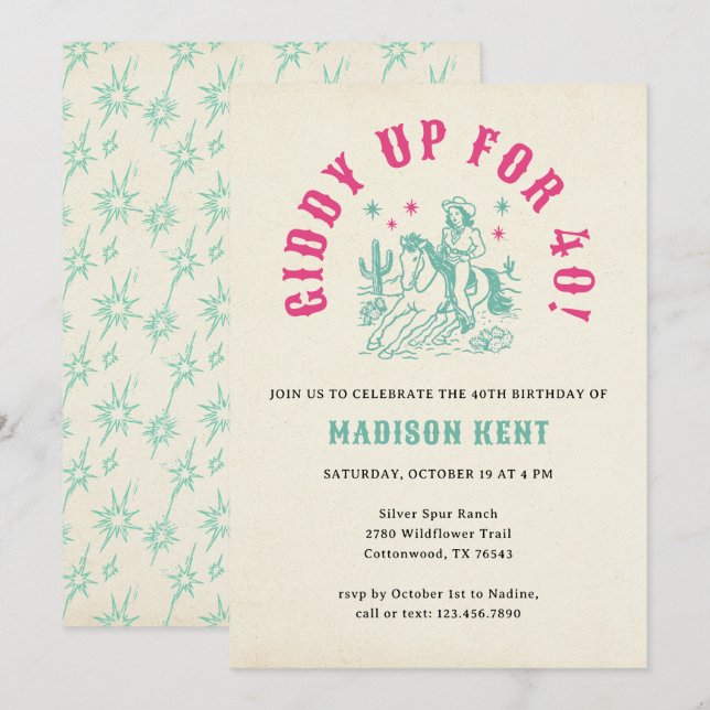 Invitation Fille-fille rose turquoise Giddy Up 40e anniversai (Devant / Derrière)