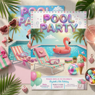 Invitation Fille Flamant Pastel pour une Fête d'anniversaire 