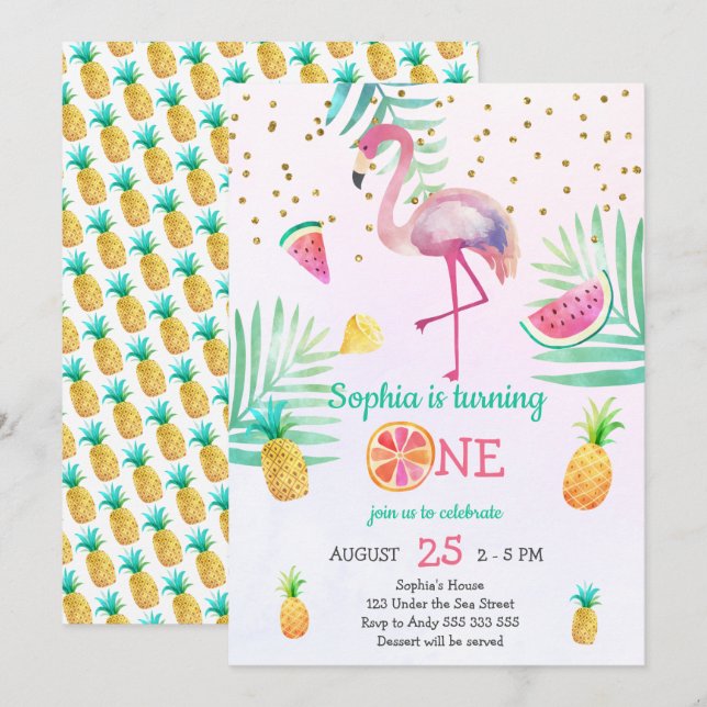 Invitation Fille Flamant rose 1er anniversaire Couleur d'eau  (Devant / Derrière)