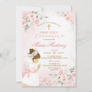 Invitation Fille fleurie rose poussiéreux priant la 1ère comm