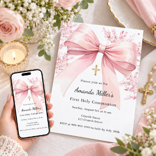 Invitation Fille fleurs ruban rose Première Communion