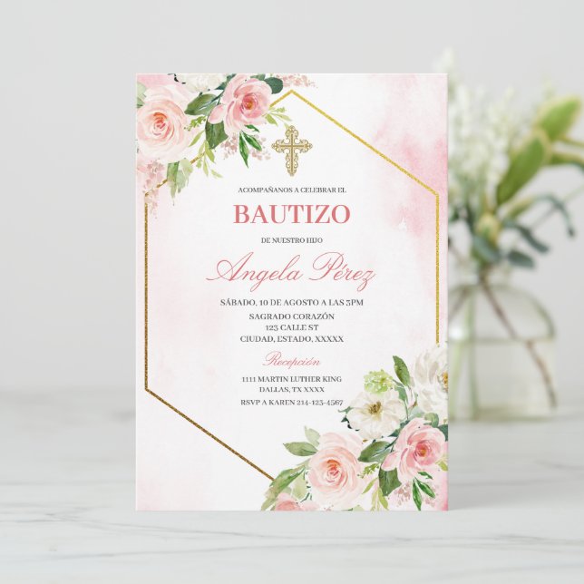 Invitation Fille Floral Bautizo espagnol (Debout devant)