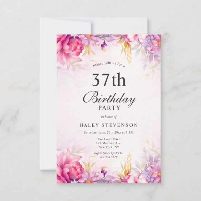 Invitation Fille Floral Pastel Aquarelle Chic 37ème Anniversa (Devant)