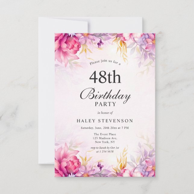 Invitation Fille Floral Pastel Aquarelle Chic 48e Anniversair (Devant)