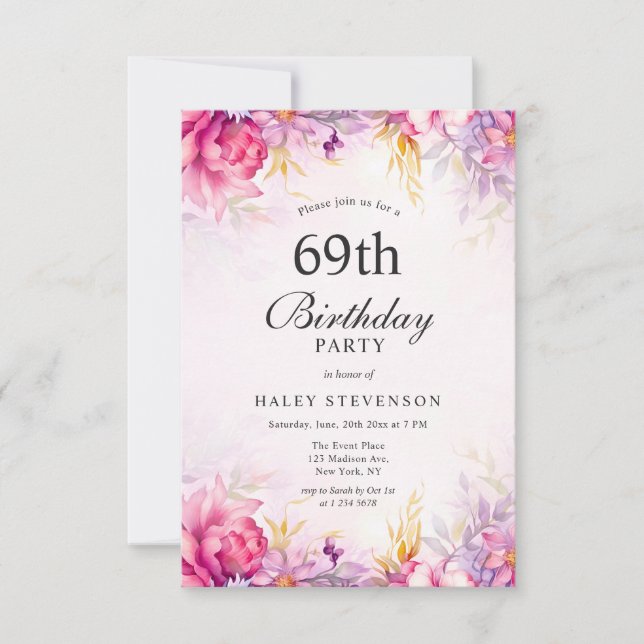 Invitation Fille Floral Pastel Aquarelle Chic 69e Anniversair (Devant)