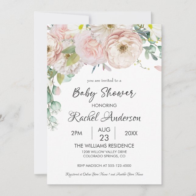 Invitation Fille Floral verdure Baby shower pastel doux (Devant)
