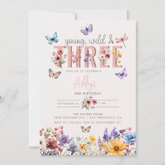 Invitation Fille florale Anniversaire | 3e anniversaire (Devant)