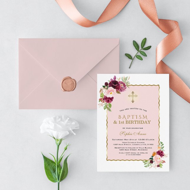 Invitation Fille florale Bourgogne rose 1er anniversaire et b (burgundy pink flowers baptism first birthday invite, floral gold 1st birthday baptism invitation)