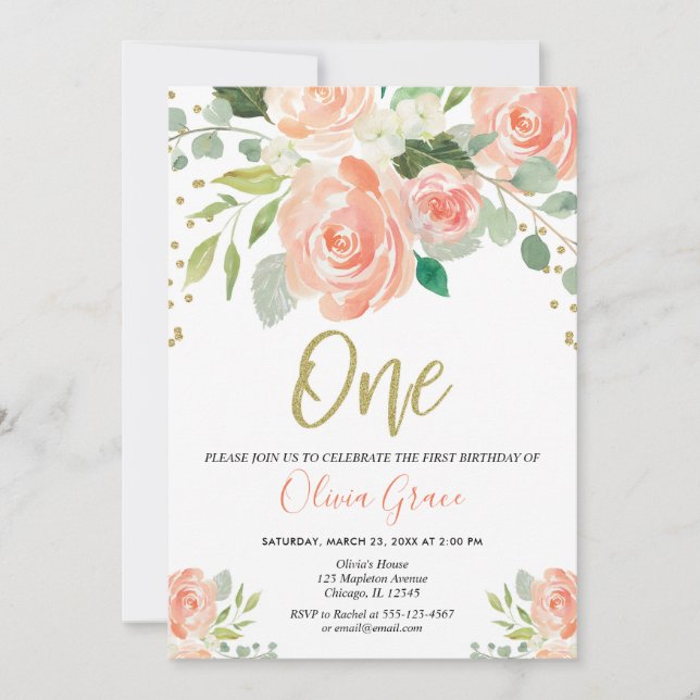 Invitation fille florale de corail de ?ère d'anniversaire (Devant)