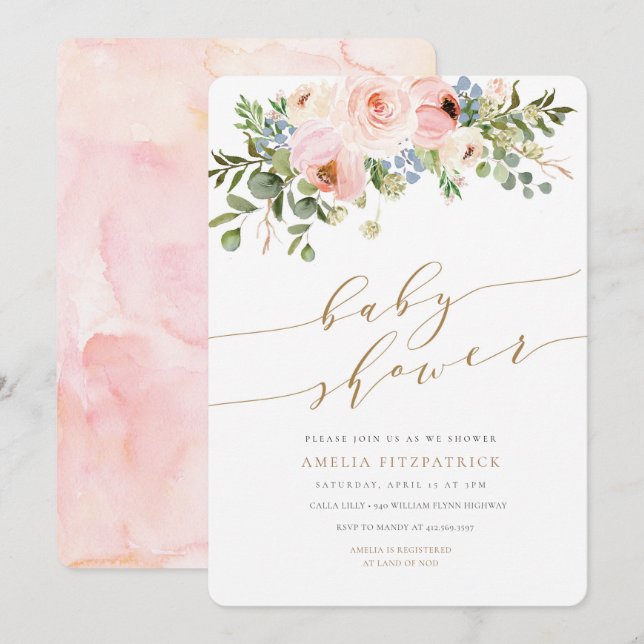 Invitation Fille florale d'invitation de baby shower d'or (Devant / Derrière)