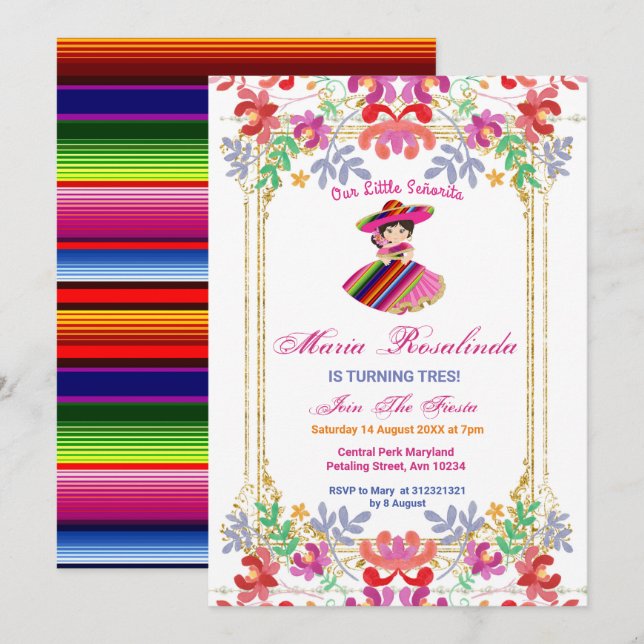 Invitation Fille Florale Mexicaine Tres Anniversaire (Devant / Derrière)