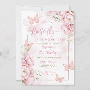Invitation Fille Florale Papillon a un an Anniversaire