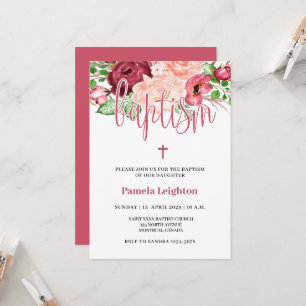 Invitation Fille florale rose aquarelle pour baptême