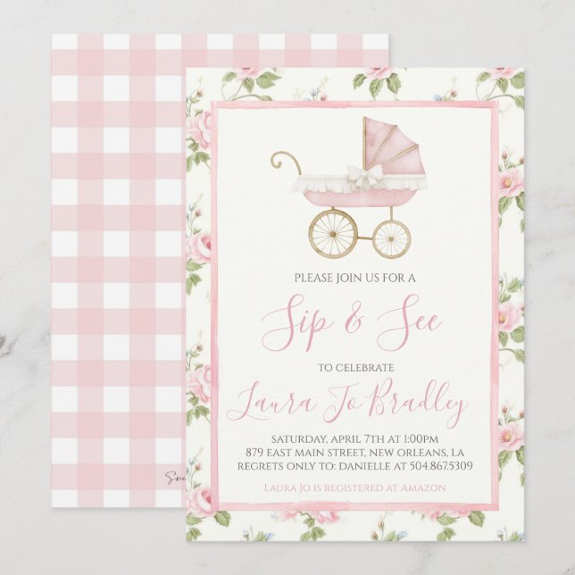 Invitation Fille Florale Rose Preppy Southern Sip & Voir (Devant / Derrière)