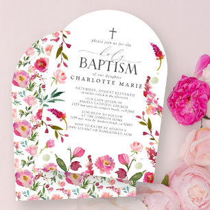 Invitation Fille Florale rose Saint Baptême Aquarelle Fleurs