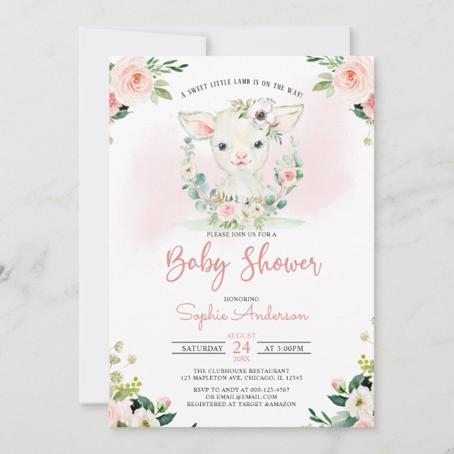 Invitation Fille Florale Rose Un Petit Baby shower D'Agneau (Devant)