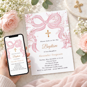 Invitation Fille florale ruban rose Baptême