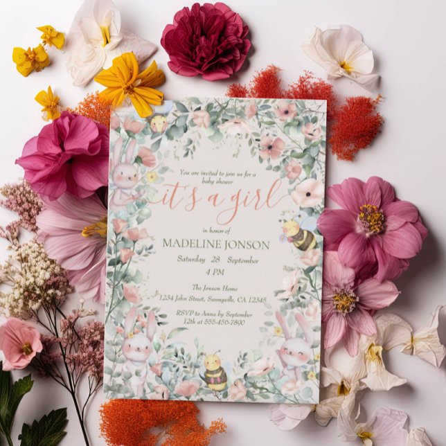 Invitation Fille Forêt Animaux Baby shower Floral (Créateur téléchargé)