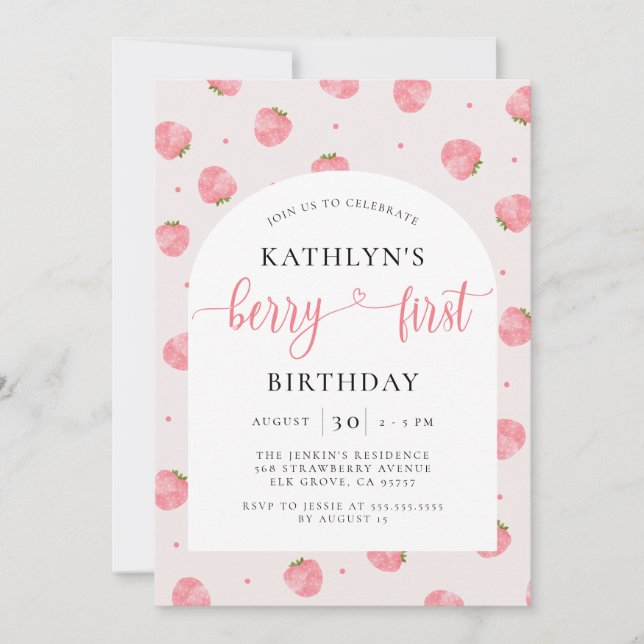Invitation Fille fraise 1er anniversaire Berry 1er anniversai (Devant)