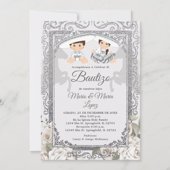 Invitation Fille Garçon Fiesta Argent Charro Mexicaine Bautiz (Devant)