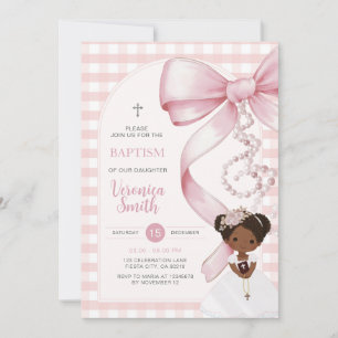 Invitation Fille Gingham Rose Baptême Nœud Rose Perle Cheveux