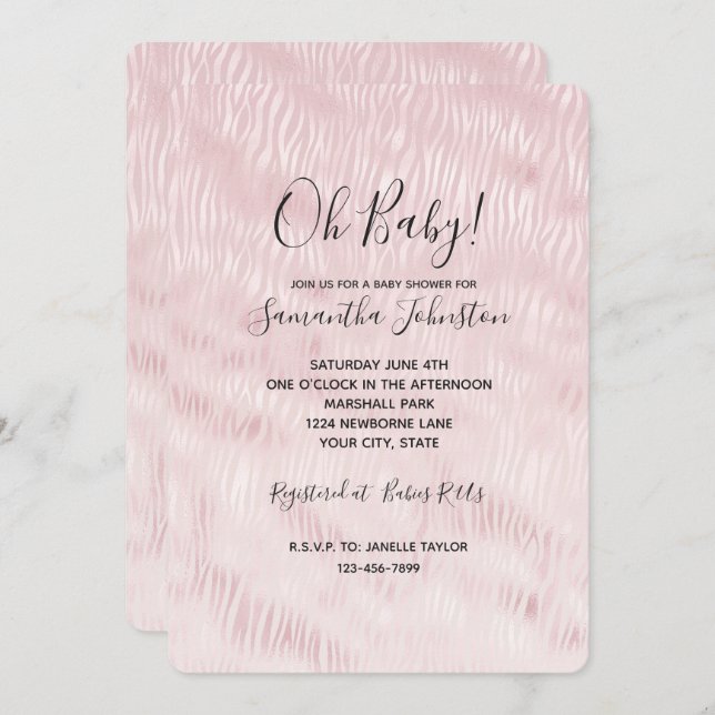 Invitation Fille Glam Blush Pink Zebra Imprimer (Devant / Derrière)