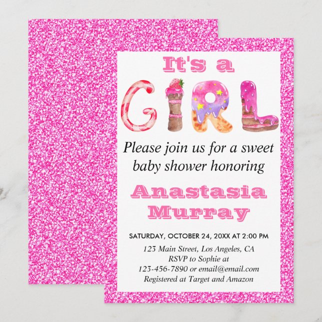 Invitation Fille Glam Sweet Parties scintillant rose chaud Ba (Devant / Derrière)