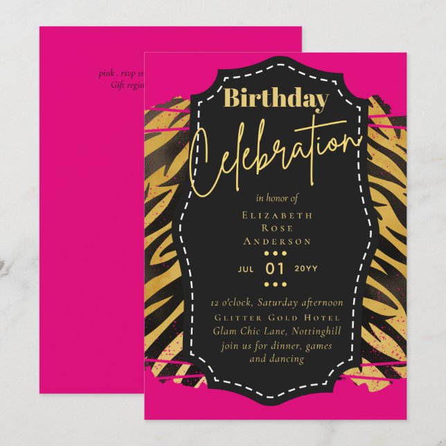 Invitation Fille Gold Parties scintillant Poster de animal An (Devant / Derrière)