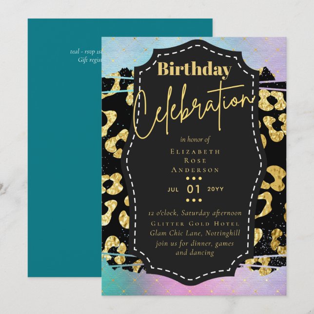 Invitation Fille Gold Parties scintillant Poster de animal An (Devant / Derrière)