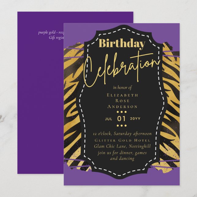 Invitation Fille Gold Parties scintillant Poster de animal An (Devant / Derrière)