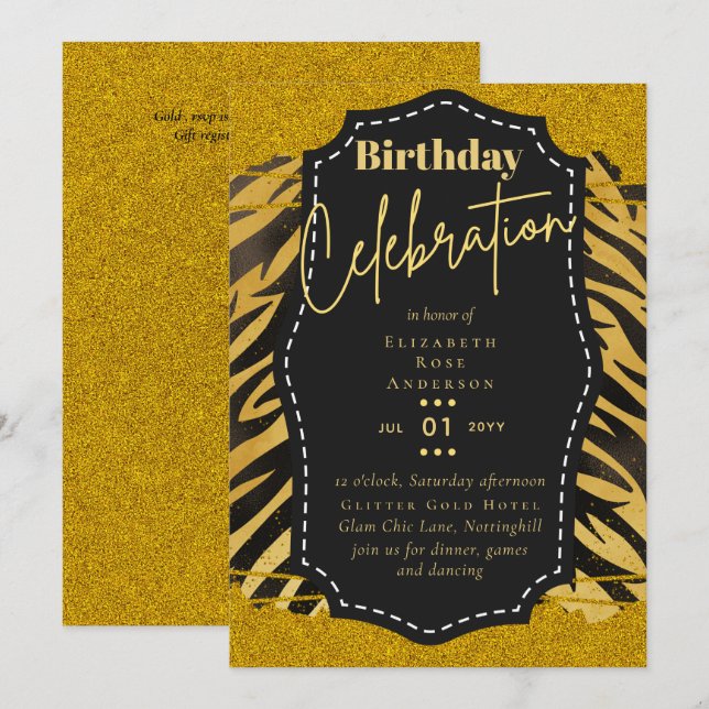 Invitation Fille Gold Parties scintillant Poster de animal An (Devant / Derrière)