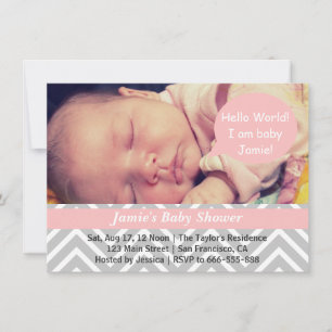Invitation Fille grise et blanche en chevron Baby Shower Phot
