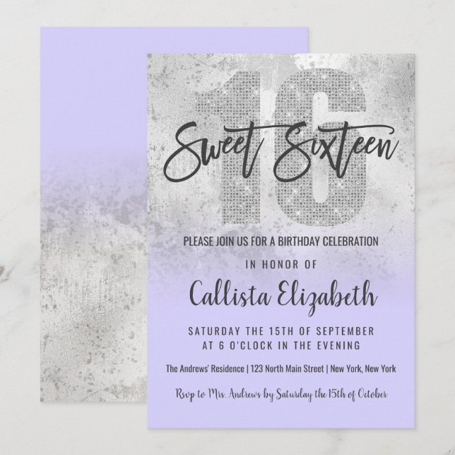 Invitation Fille Grunge Argent Lilac Parties scintillant Foil (Devant / Derrière)