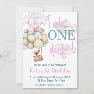 Invitation Fille Hot Air Balloon 1er Anniversaire