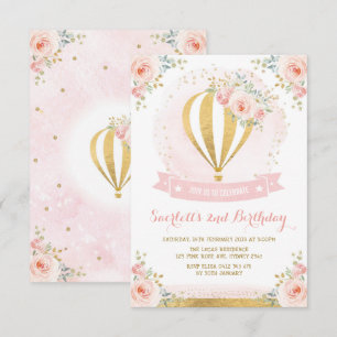 Invitation Fille Hot Air Balloon rose or Floral Anniversaire