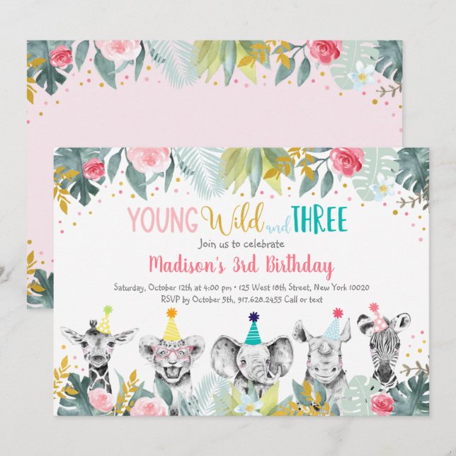 Invitation Fille Jeune Sauvage Et Animaux Trois Parties Anniv (Devant / Derrière)