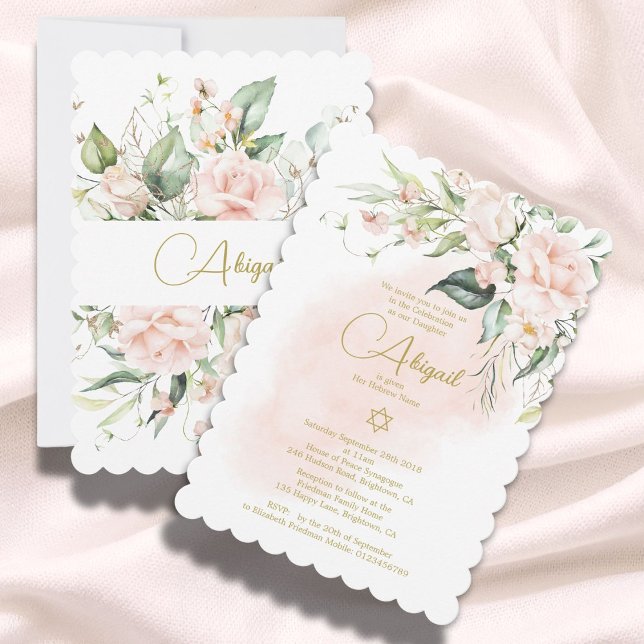 Invitation Fille juive Baby Naming Aquarelle Floral Élégant (Créateur téléchargé)