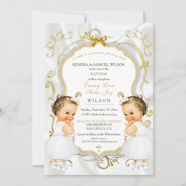 Invitation Fille jumeaux Baptême Christening Gold Croix blanc (Devant)