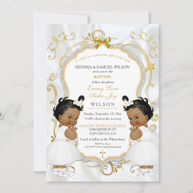 Invitation Fille jumeaux Baptême Christening Gold Ethnic (Devant)