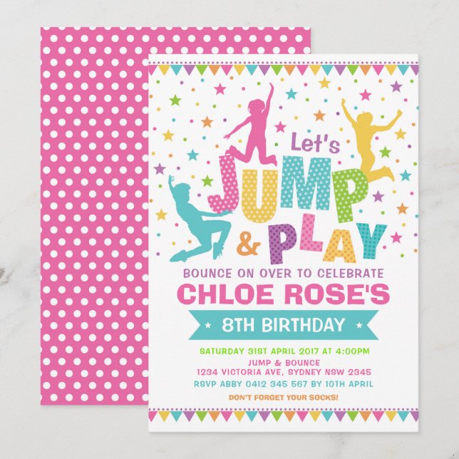 Invitation Fille Jump Anniversaire Fête Bounce House Trampoli (Devant / Derrière)