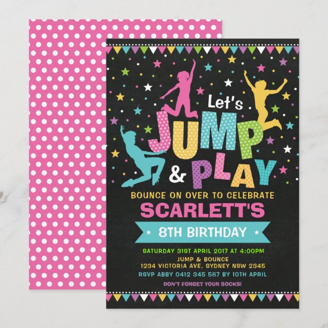 Invitation Fille JUMP Fête Anniversaire Bounce House Trampoli (Devant / Derrière)