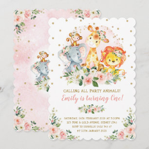 Invitation Fille Jungle Safari Animaux Wild Un 1er anniversai