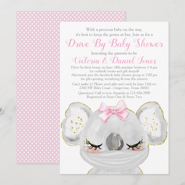 Invitation Fille Koala avec Masque Drive Par Baby shower (Devant / Derrière)